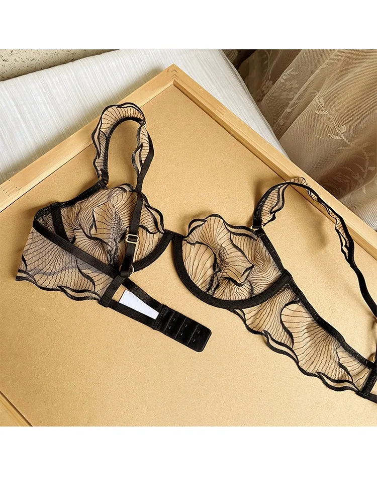 KUCLUT Full Bust Sheer Lace Bra Set - Ultra Thin Push Up Minimizer Lingerie, Transparent See Through Mesh Bra & Thong, Sexy bra 6