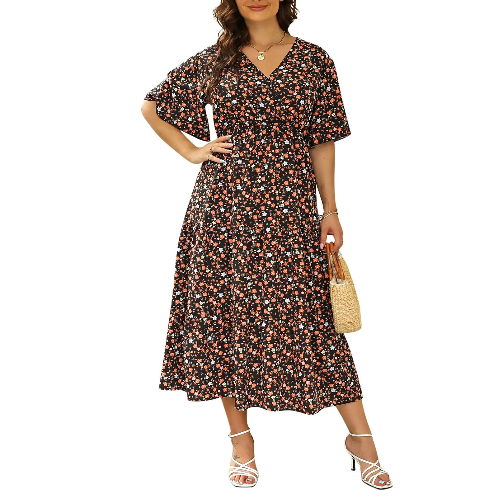 Women Plus Size Summer Dress Cute Boho Flower Vaction Floral Dress Short Sleeve Waist Hem Swing Dresses Casual Holiday Dress