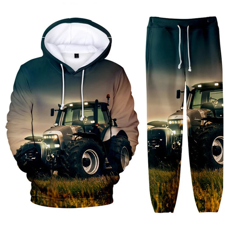 Farm Tractor Print Hoodie 2 Pcs Outfits Male 3D Fashion Hooded Sweatshirt Pant Sets Oversized Streetwear Pullover Men\'s Clothing