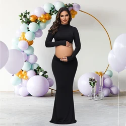 Maternity Mock Neck Long Sleeve Top Slim Maxi Skirt 2 Pcs Set Photoshoot Outfit Wedding Party Pregnant Clothes