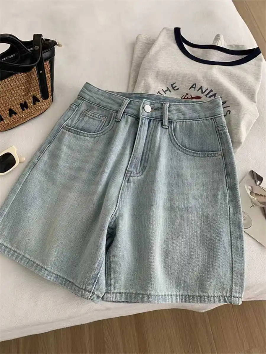 

Summer Embroidered Denim Shorts High Waisted Straight Leg Women 5XL shorts American Casual Fashion Female Blue Short Jeans