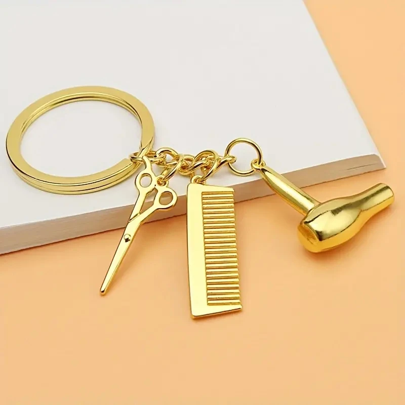 3 In 1 Classic Hairdresser Keychain Hair Dryer Scissor Comb Charm With Key Holder For Hair Stylist Graduation Gifts