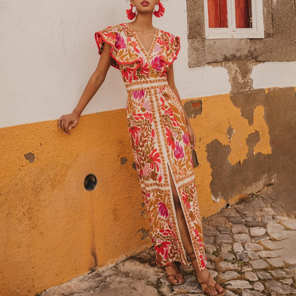 Bañador de una pieza con volantes y cuello en V para mujer, traje de baño de lujo con estampado Retro, falda, ropa de playa