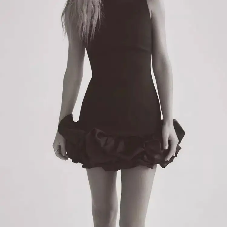 Vestido curto f de primavera, gola redonda, saia em camadas, estilo urbano, cintura alta, fibra de poliéster, saia evasê.