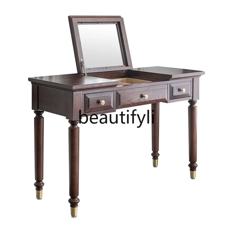 Desk Dresser Integrated Bedroom Computer Makeup Table 2-in-1 American Light Luxury All Solid Wood Flip