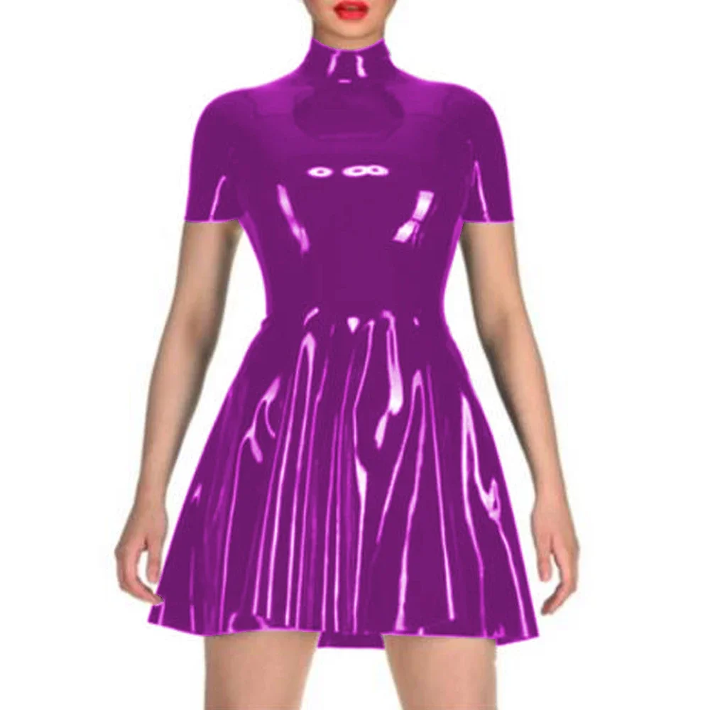 

latex Woman Sexy Mini dress Short Sleeve Shiny Faux Latex Club Pleated Dresses rubber Summer Party Clubwear