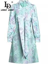 LD LINDA DELLA Autumn Winter Women's Dress Scarf Collar Bow Fashion Lantern Sleeved Pretty Slim Elegant Mini Dress