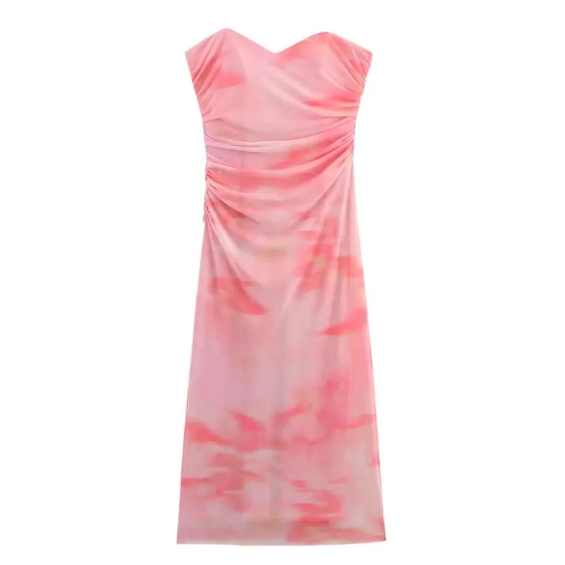 2025년 봄 신상 여성 패션 다용도 프린트 실크 메쉬 튜브탑 어깨 노출 드레스 출퇴근 스타일 민소매 기타 소재 00%