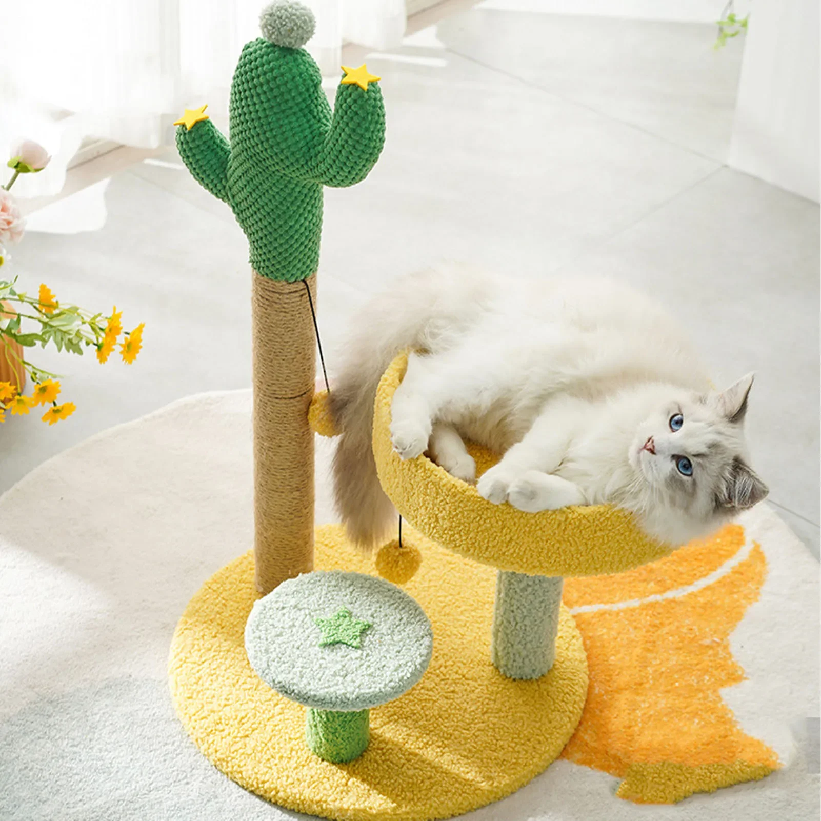 Cat Tree With Sisal Scratching Post Cactus Shape Multifunctional Breathable Cat Climbing Stand For Summer