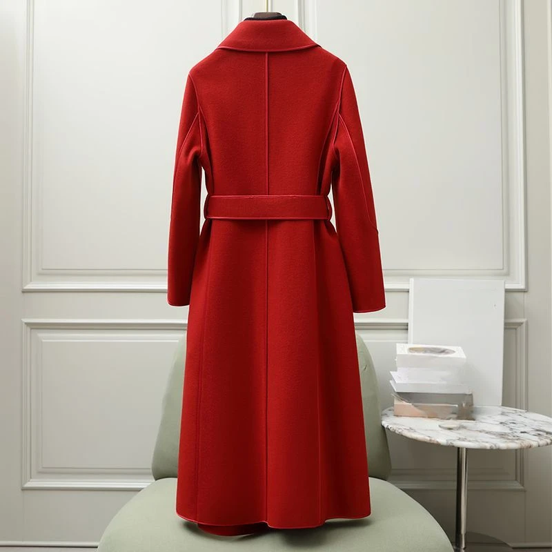 2024 Winter Fall Wine Red Camel Beige High Waisted Suit Collar Woolen Trench Coat , Woman Wool Trench Coats