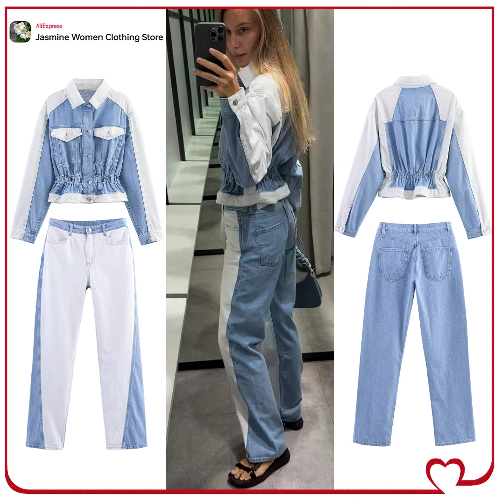 Conjuntos informales de vaquera, conjunto de dos piezas de mezclilla elegante para mujer, chaqueta vaquera Vintage, pantalones vaqueros de tiro medio a juego con lavado combinado