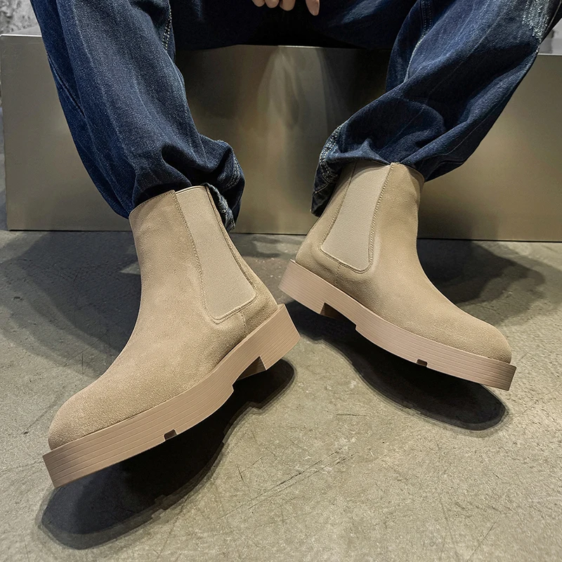 

Luxury Brand Cow Suede Men Business Boots Fashion High Cut Thick Soled Comfort Casual Boots Winter Walking Driving Leather Boots