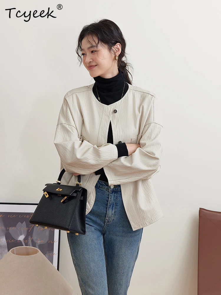 Tcyeek 리얼 양가죽 봄 가을 하이엔드 레트로 라운드 넥 여성용 천연 가죽 재킷 여성용 진짜 가죽 재킷