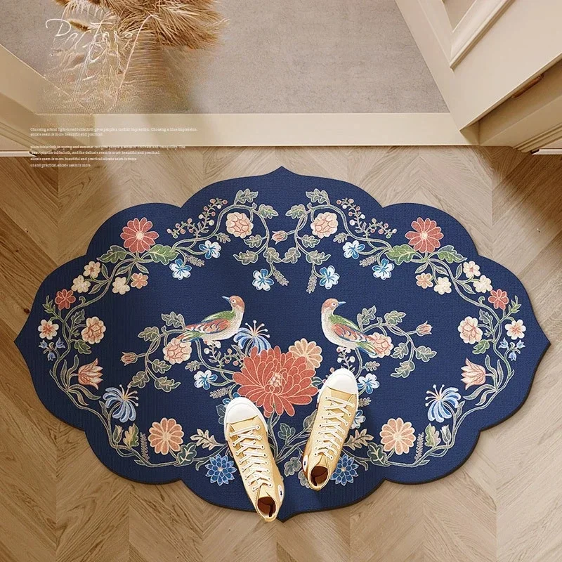 VIKAMA Chinese Style Floral Bird Irregular Rug Dark Blue Peony Flower Print Non Slip Water Absorbent Entrance Doormat