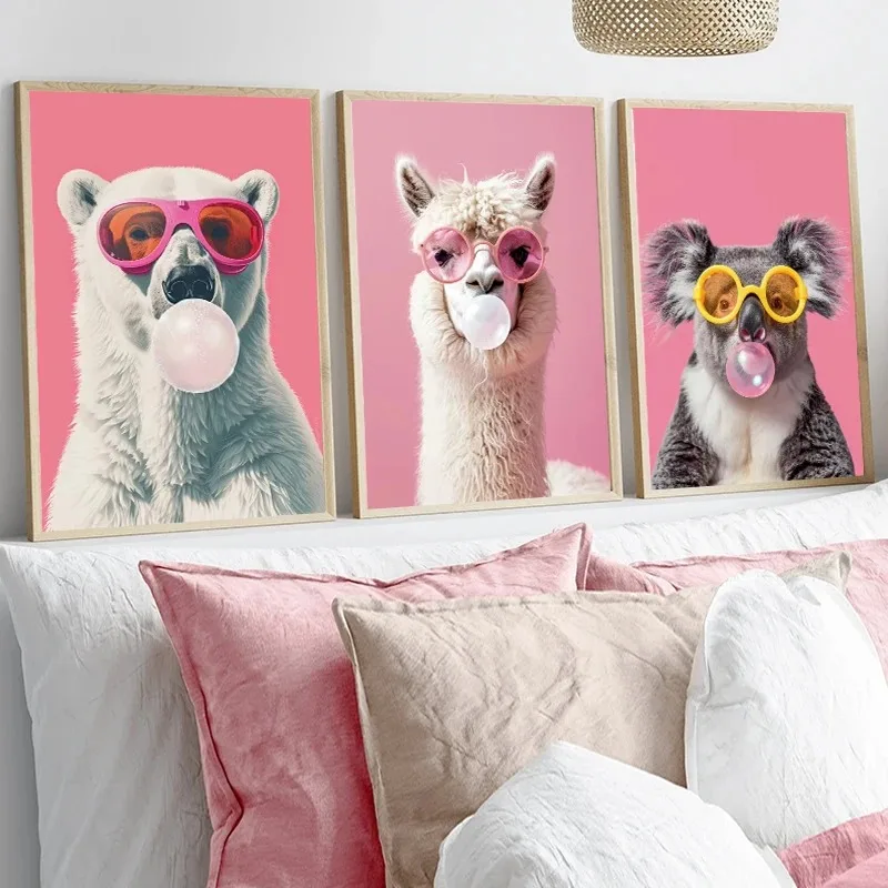 Funny Cute Animal Bubble Party Disco Pink Posters Kitten Llama Koala Prints Canvas Painting Wall Art Picture for Room Home Decor