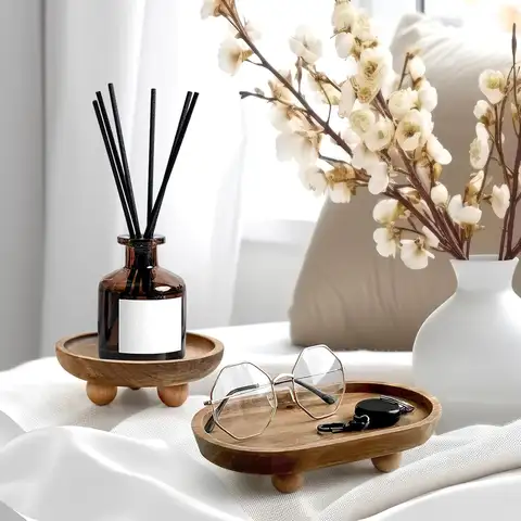 작은 나무 트레이 받침대 스탠드 나무 라이저 장식 트레이 양초용 커피 트레이 식물 병 꽃병 및 비누 디스펜서