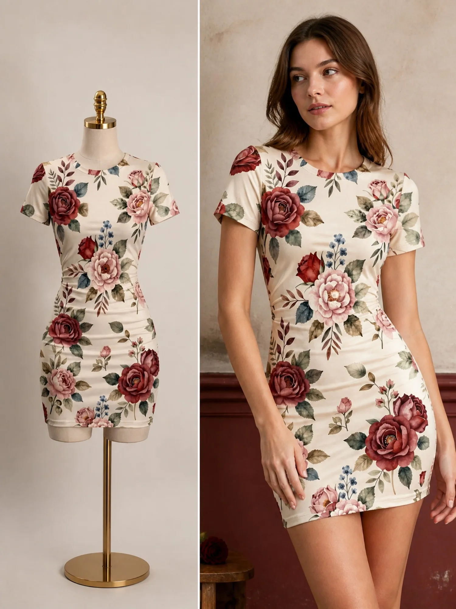 Damen Kurzarm Bodycon Minikleid, schmal geschnitten, Rundhalsausschnitt, Blumenmuster, lässig, Sommer, Party, süß, trendig, schmeichelhaftes Party-Sommerkleid – Detail 7