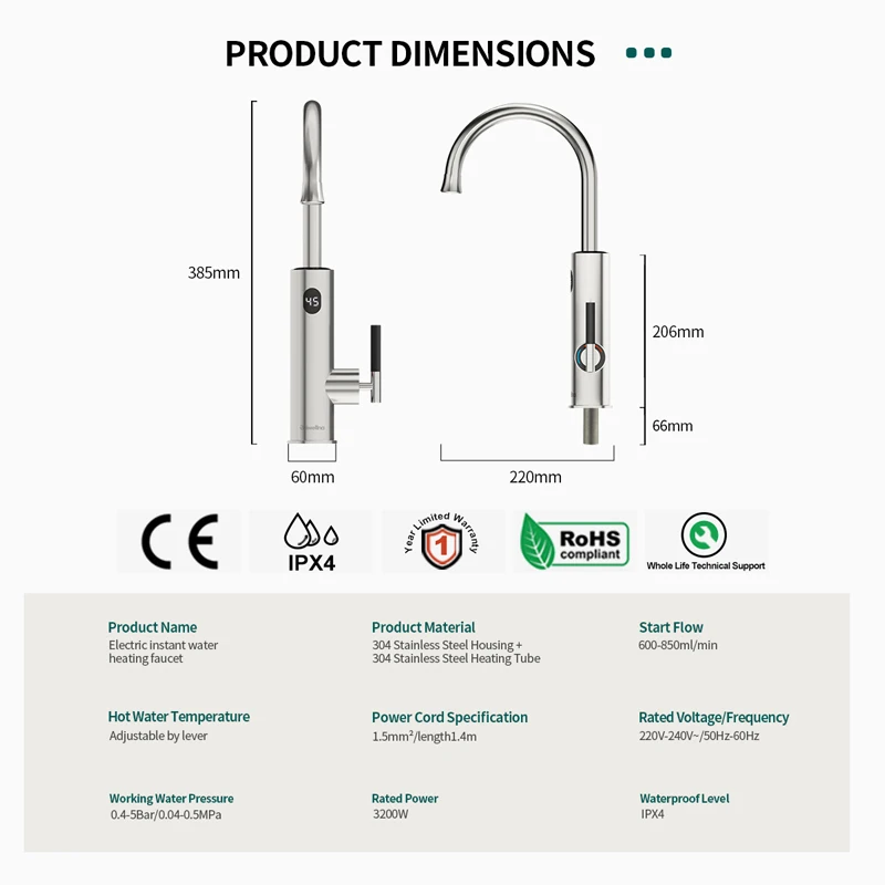 Briwellna Instant Hot Water Tap With Flexible Extender Nozzle 220V Electric Faucet Stainless Steel Heating Tap Geyser Faucet