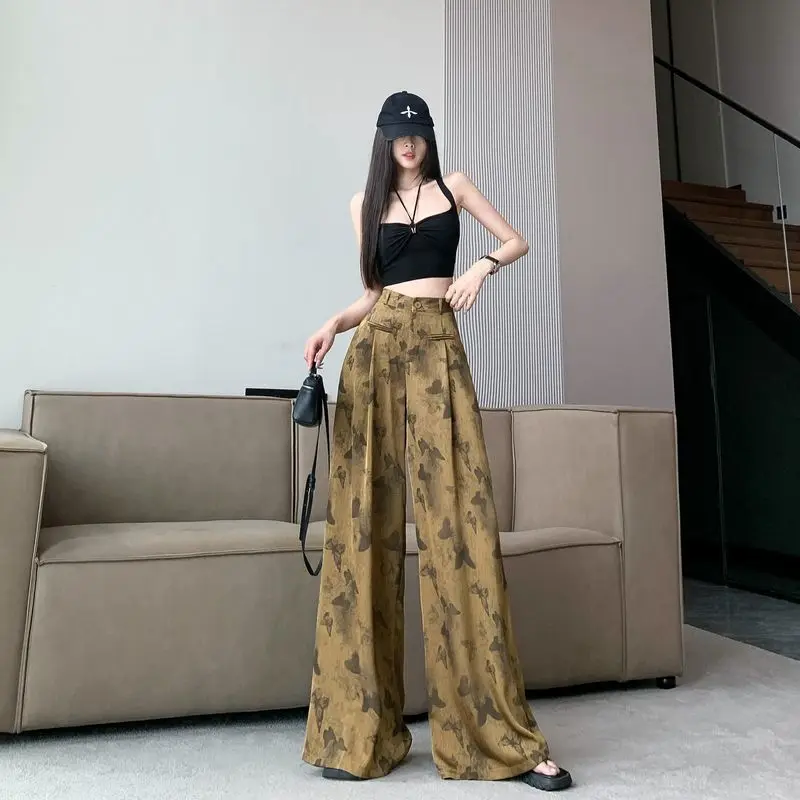 Spring Summer Retro Jacquard Satin Wide Leg Pants High Waist Straight Trousers