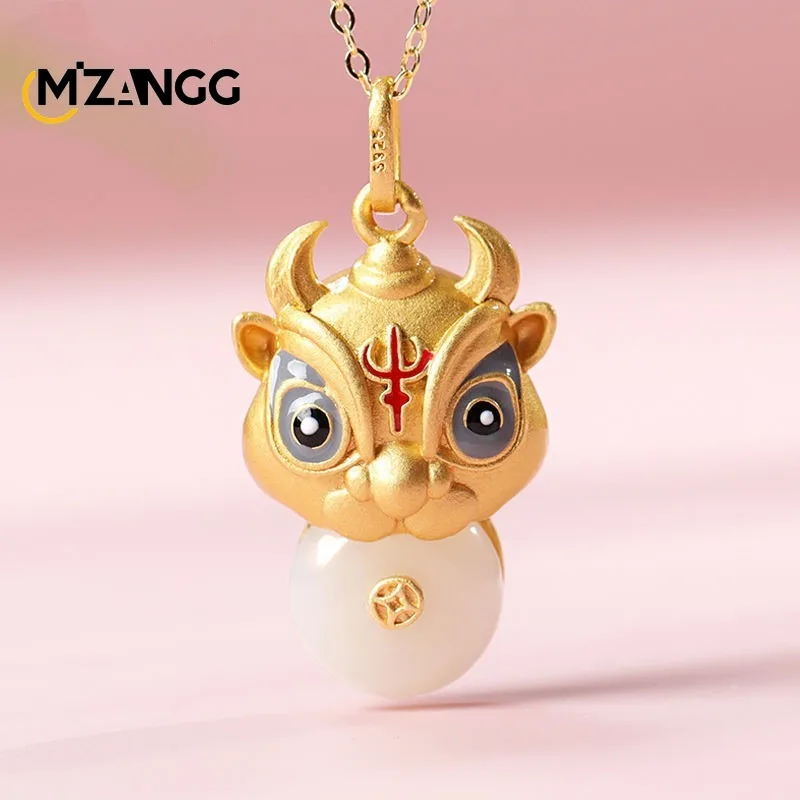 

Natural S925 Silver Inlaid Hetian Jade Big Eye Cute Ox Pendant Golden Ox Peace Buckle Retro White Jade Necklace Mascot