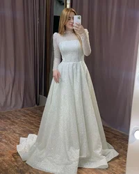 New Luxury Wedding Dress For Women Sparkly Sequin O-Neck Long Sleeves A-Line Floor-Length Prom Dress Vestidos de novia 2024