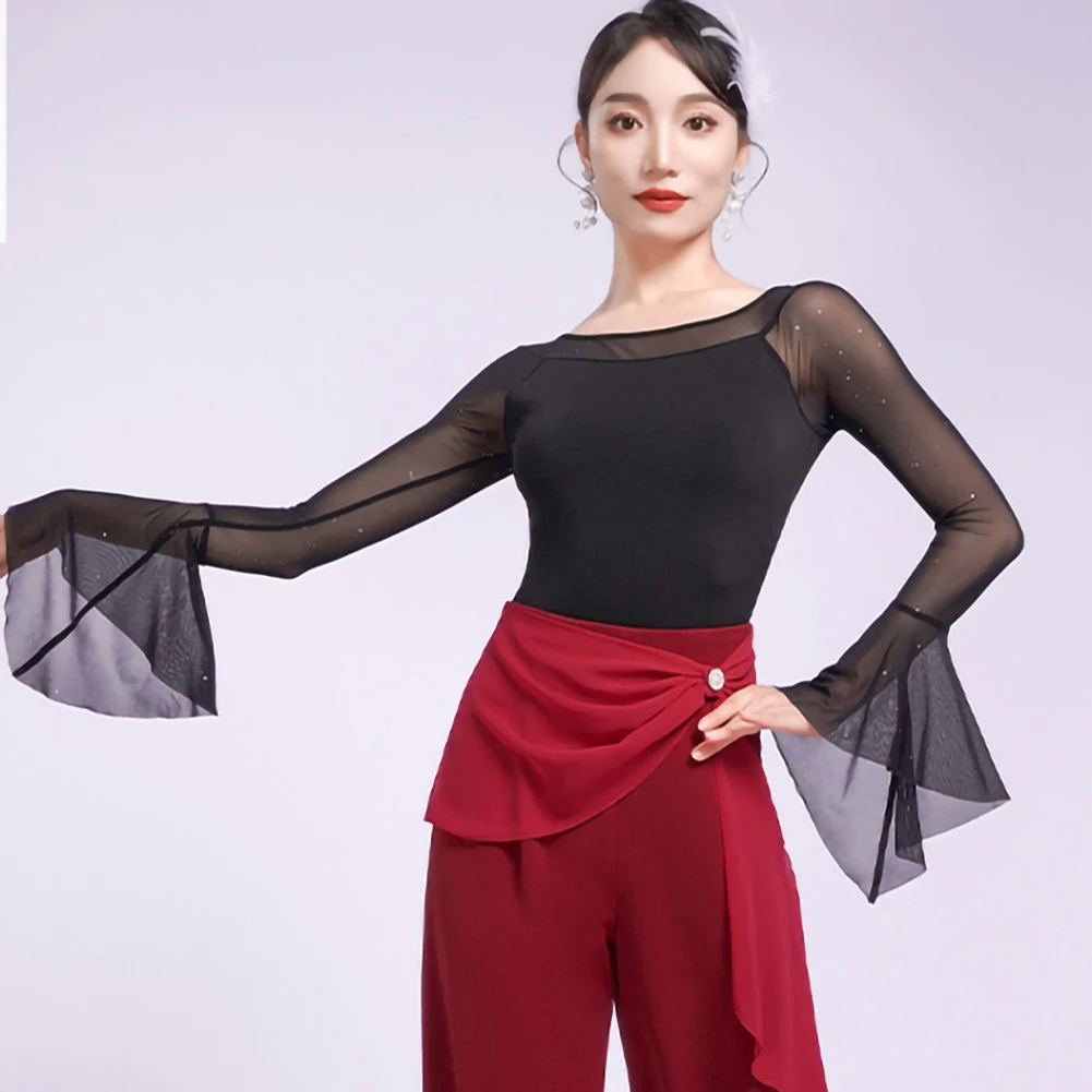 社交ダンス ラインダンス パープル ジャンプスーツ ワルツ 社交ダンス クルーネック レディース トップス ロータススリーブ セクシー ブラック 新品 インディゴ 長袖