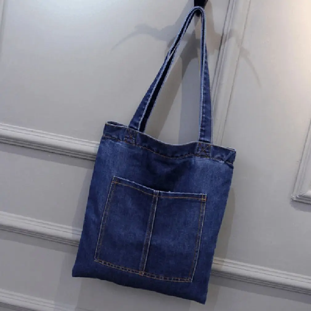 Fashion Women Large Capacity Shoulder Bags Wild Casual Handbag Street Canvas Denim Shoulder Bag Solid Color Zipper Shopping Bag