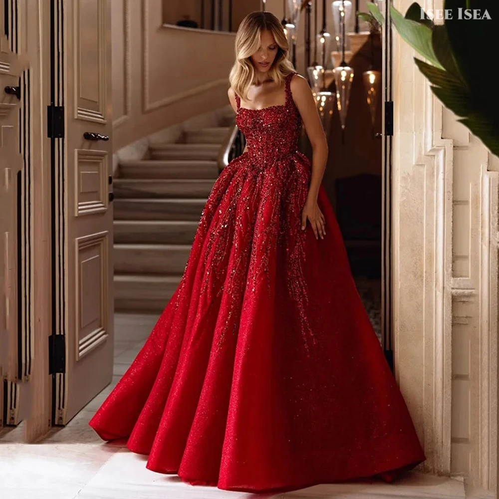 

Shiny Red Prom Dresses High Split robes de soirée Tulle Spaghetti Strap Sparkling Ball Gown Evening Birthday Dress Customized