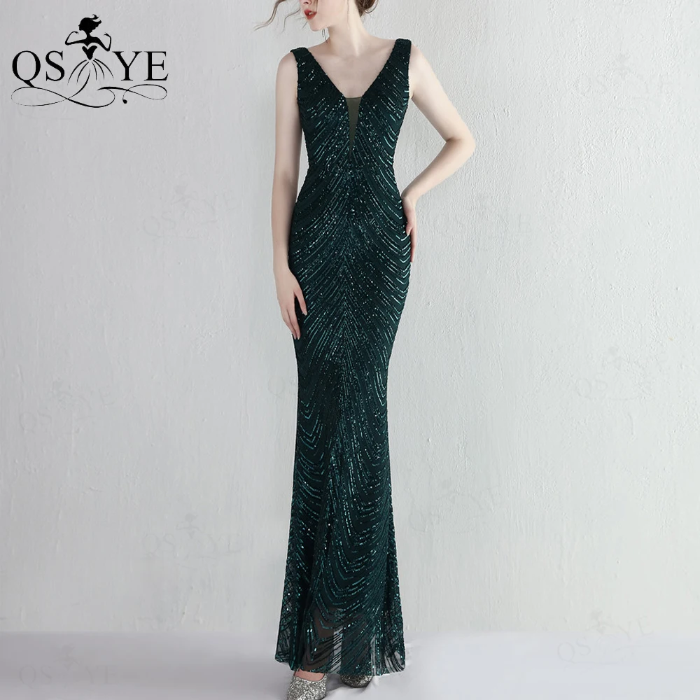 

Long Green Prom Dresses Sequin Mermaid Evening Gown Sexy V Neck Sleeveless Fit Women Formal Open U Back Emerald Party Dress New