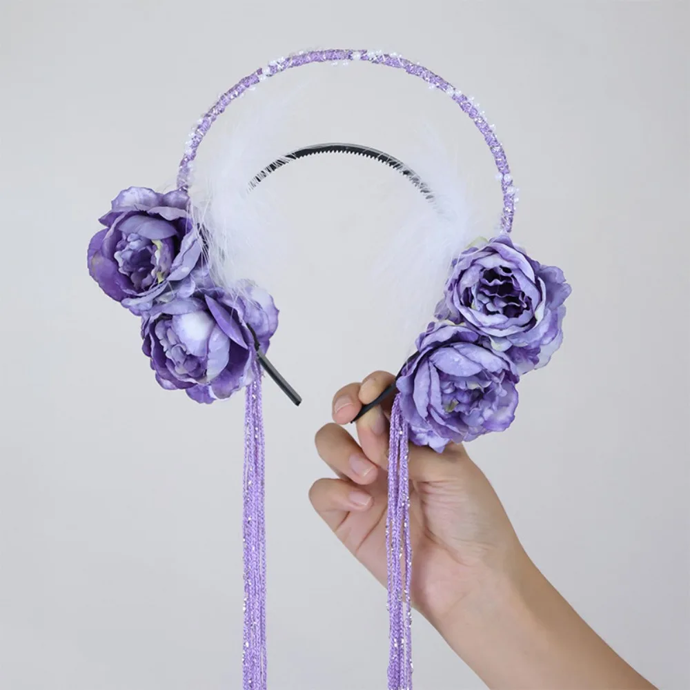 

Sweet Feather Flower Headband Bead Seven Fairy Tassel Hair Hoop Elf Hair Ornaments Hanfu Hair Accessories Cosplay