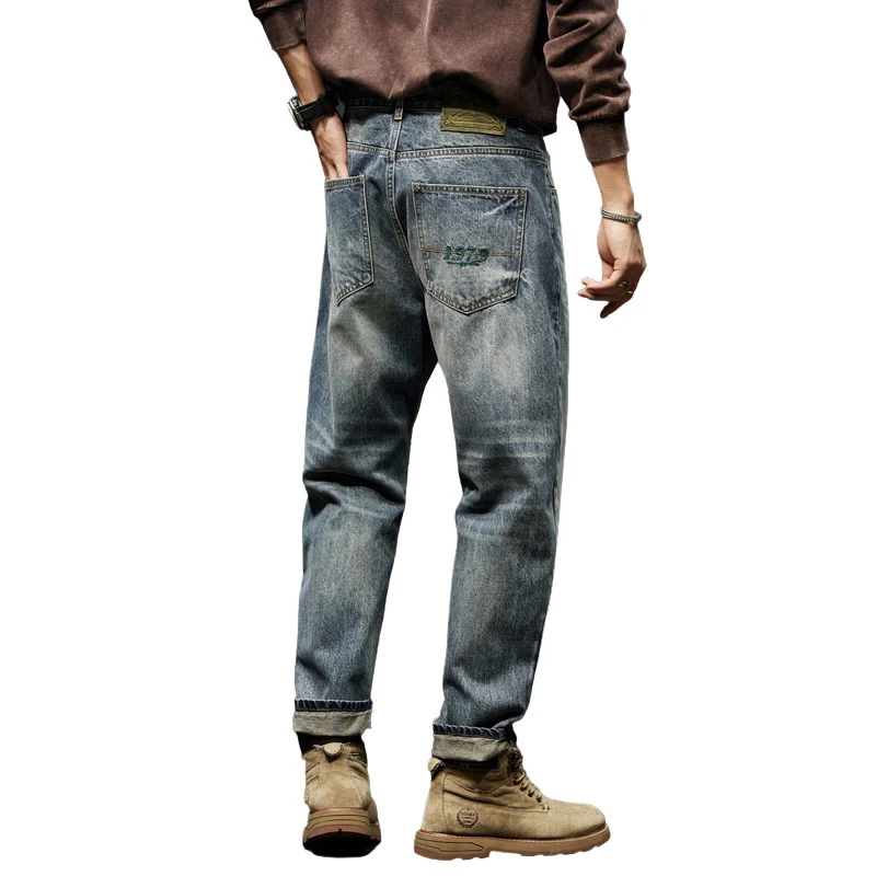 جينز أمريكي عتيق خريفي جديد للرجال فضفاض مستقيم من قماش الدنيم سروال هارلم موضة الشارع الهيب هوب ملابس العمل الجينز Y2K #6