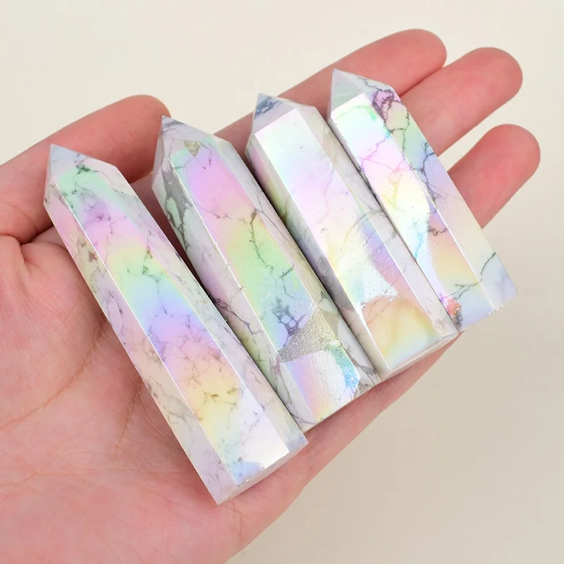 Natural Aura Stone Crystal Point Healing Obelisk White Turquoise Quartz Wand Beautiful Ornament for Home Decor Pyramid Souvenir