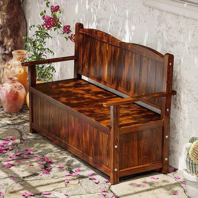 Outdoor courtyard preservative wood large-capacity storage cabinet with backrest chair solid wood storage box adult bench