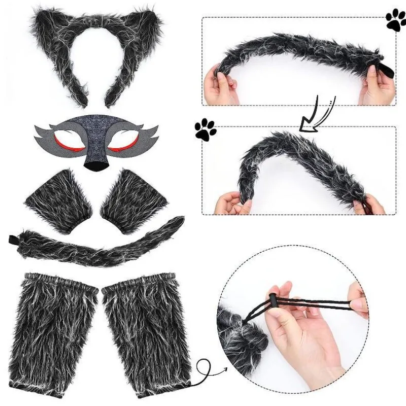 Girl Plush Wolf Ear Headband Tail Skirt Mask Suit Wolf Cosplay Party Costumes Ladies Birthday Gift Halloween Animal Dress Up