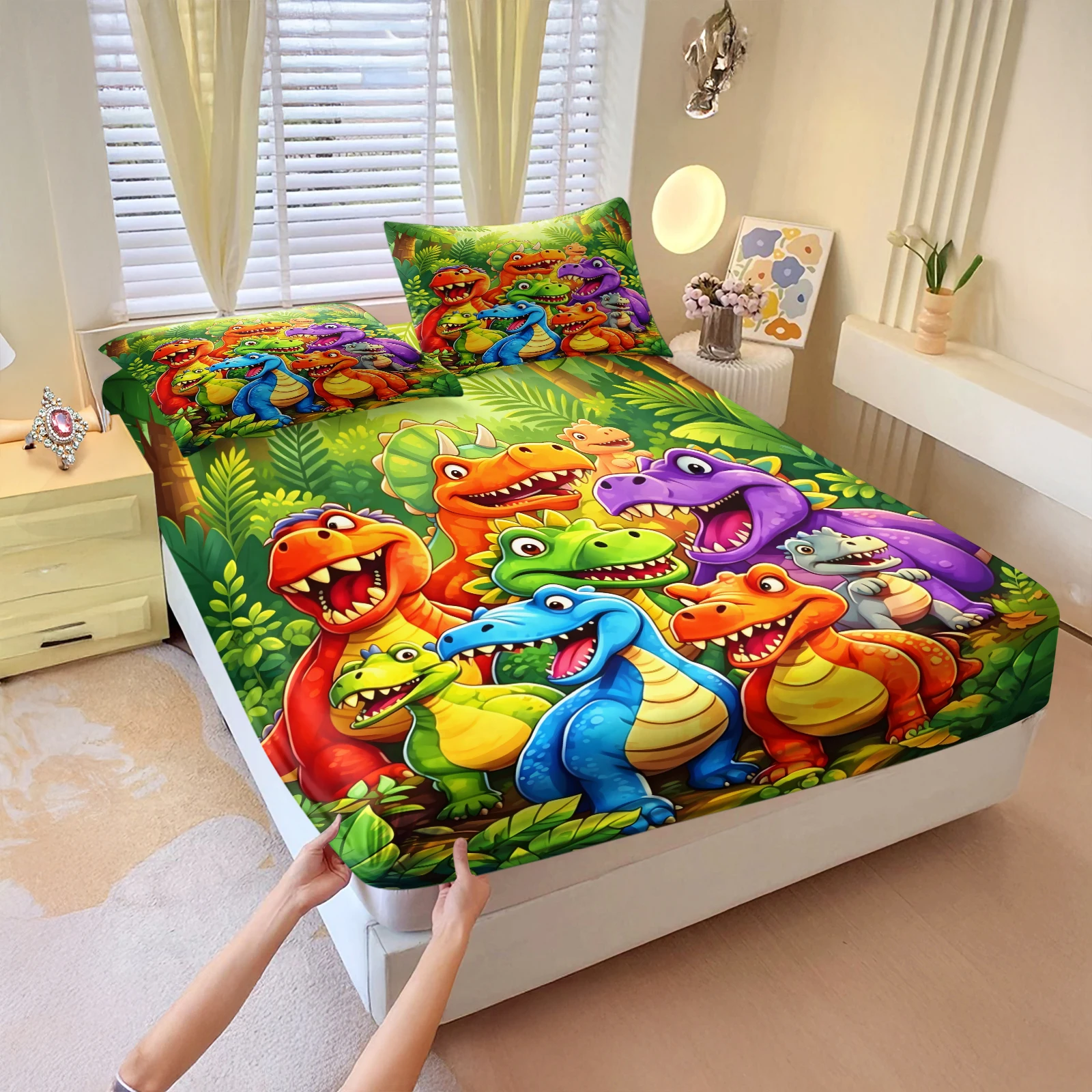 Cartoon Dinosaur Jungle Fitted Sheet Set 3‑Piece Colorful Dino Tropical Rainforest Print Elastic Deep Pocket Mattress Cover