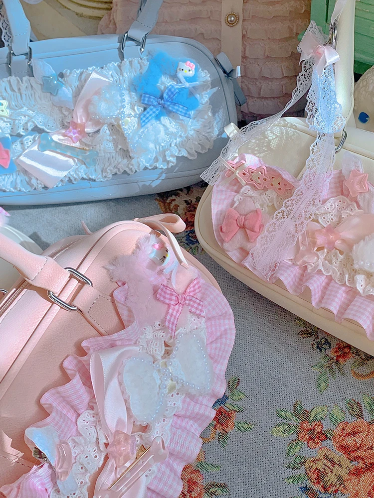 Pinkyo Original Pleated Lace Bone Bow Handbag Lolita Sweet Girl One Shoulder Diagonal Cross Boston Bag