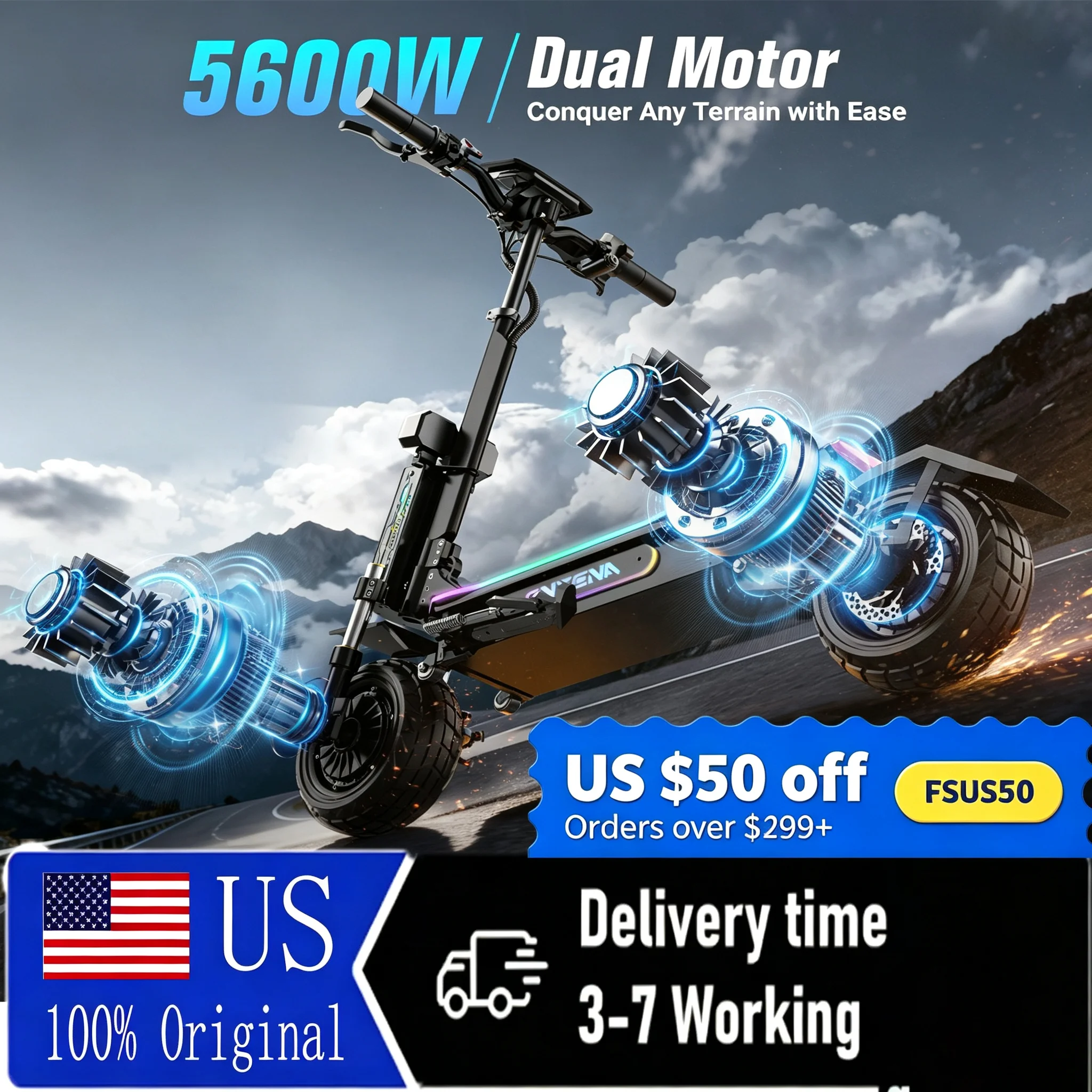 ONECNA GT7 5600W dual motor electric scooter. 10 inch off-road tire folding belt detachable seat electric scooter. 50 miles per hour, 45 miles range, all terrain off-road, with APP control and RGB lights