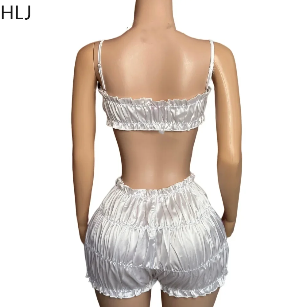 HLJ Y2K Ruched Sexy Shorts Two Piece Sets For Women Thin Strap Backless Crop Top And Stacked Shorts Outfits Fashion 2pcs Clothes