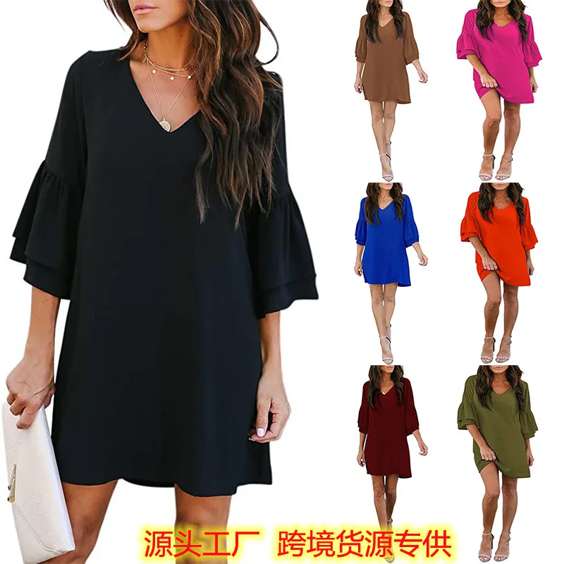 V-Neck Flared Mid Sleeved Dress, Elegant Women's Summer Casual Loose Fit Large A-Line Skirt