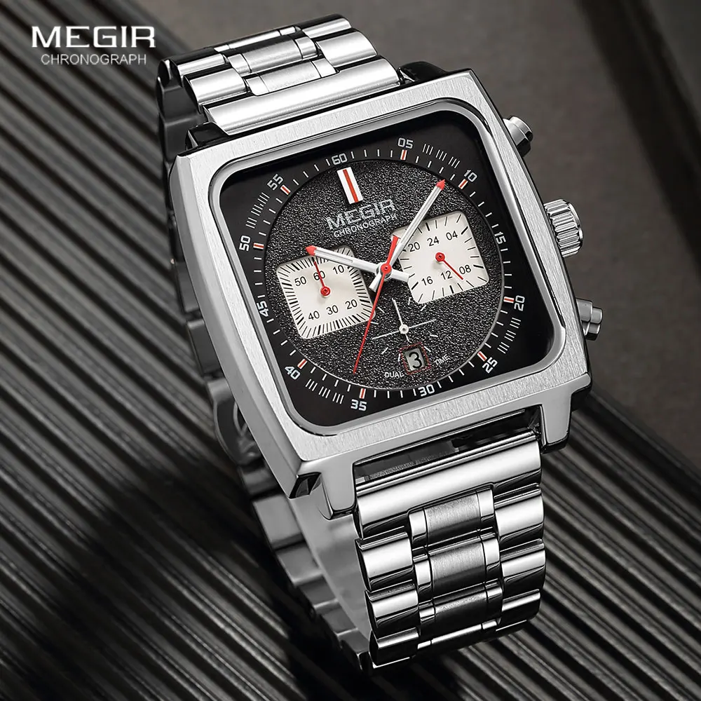 MEGIR Square Dial Quartz Watch Men Stainless Steel Strap Chronograph Sport Wristwatch with Date Luminous Hands 24-hour Indicator