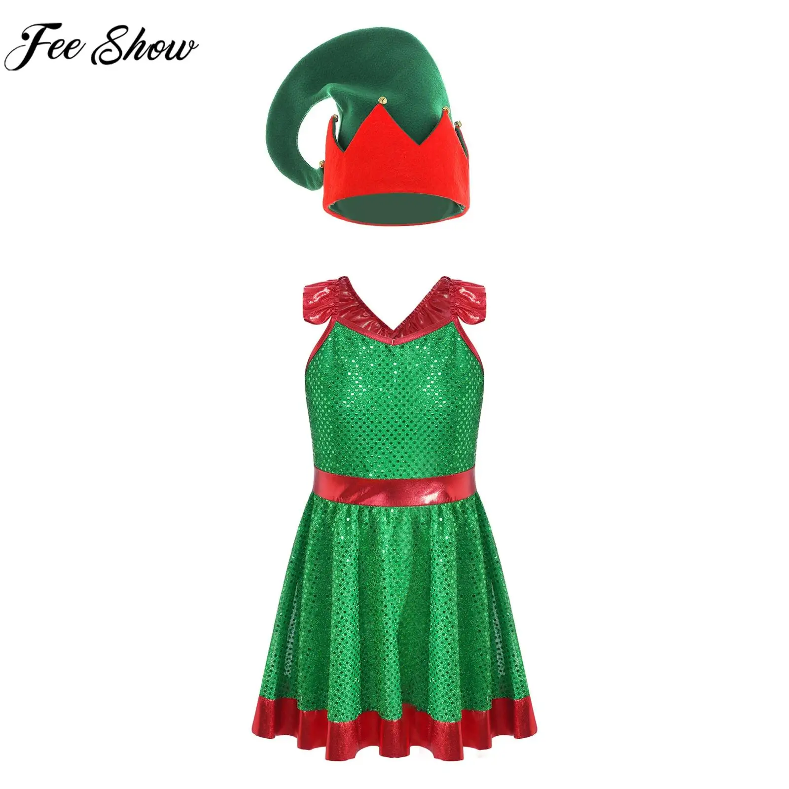 

Girls Christmas Santa Claus Xmas Elf Cosplay Costume Sleeveless Sequin Dress with Hat New Year Party Dance Performance Clothes