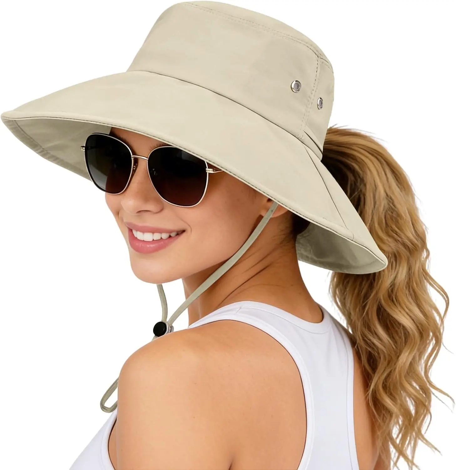 Sonnenhüte für Damen mit breiter Krempe, Bucket Hat mit Pferdeschwanzöffnung, Angelhut, faltbar für Strand und Gartenarbeit mit hochklappbarer Krempe