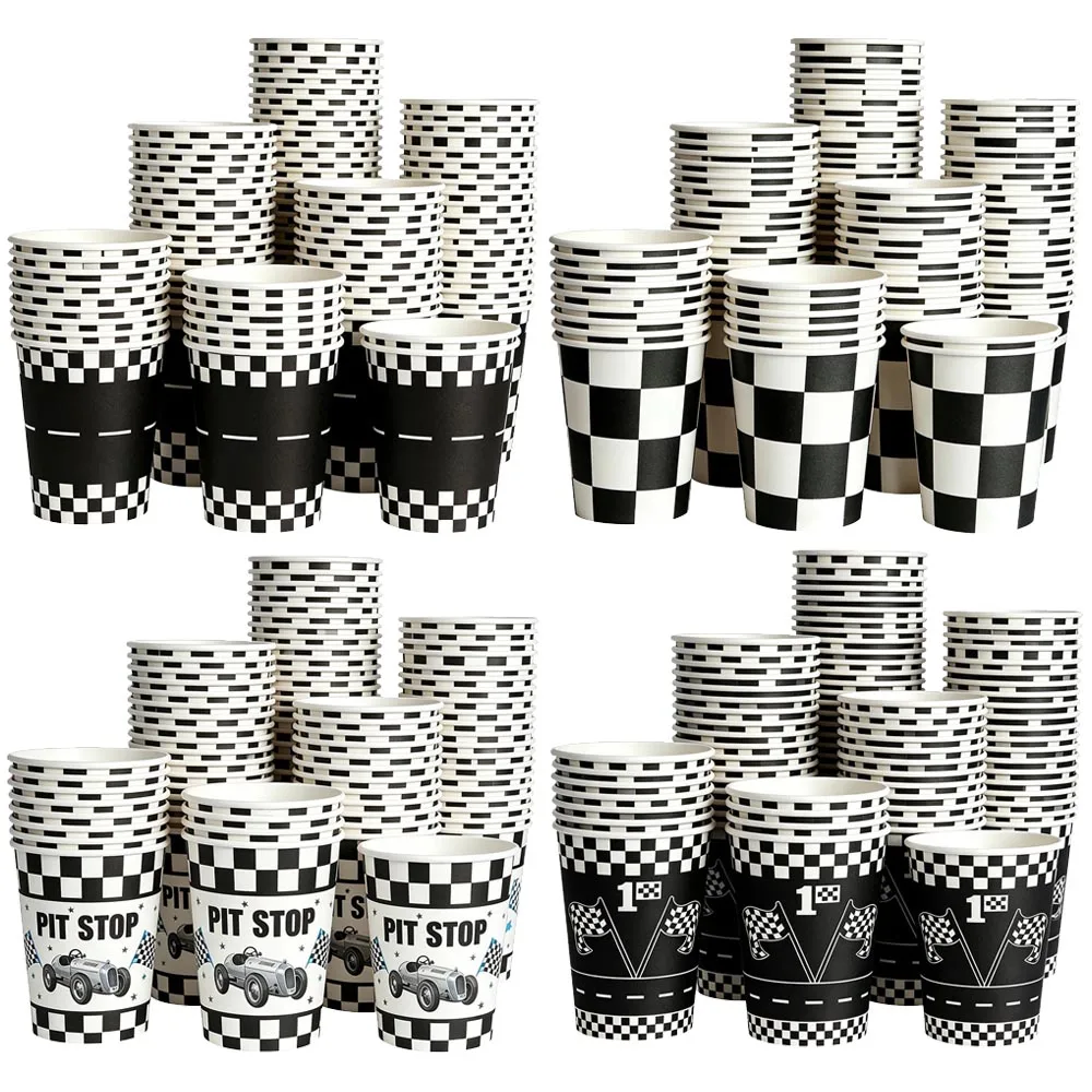 10/50 Stück Einweg-Pappbecher mit Rennthema, karierte Flagge, Rennwagen-Muster, Trinkbecher, Geburtstagsparty-Dekorationen und Zubehör