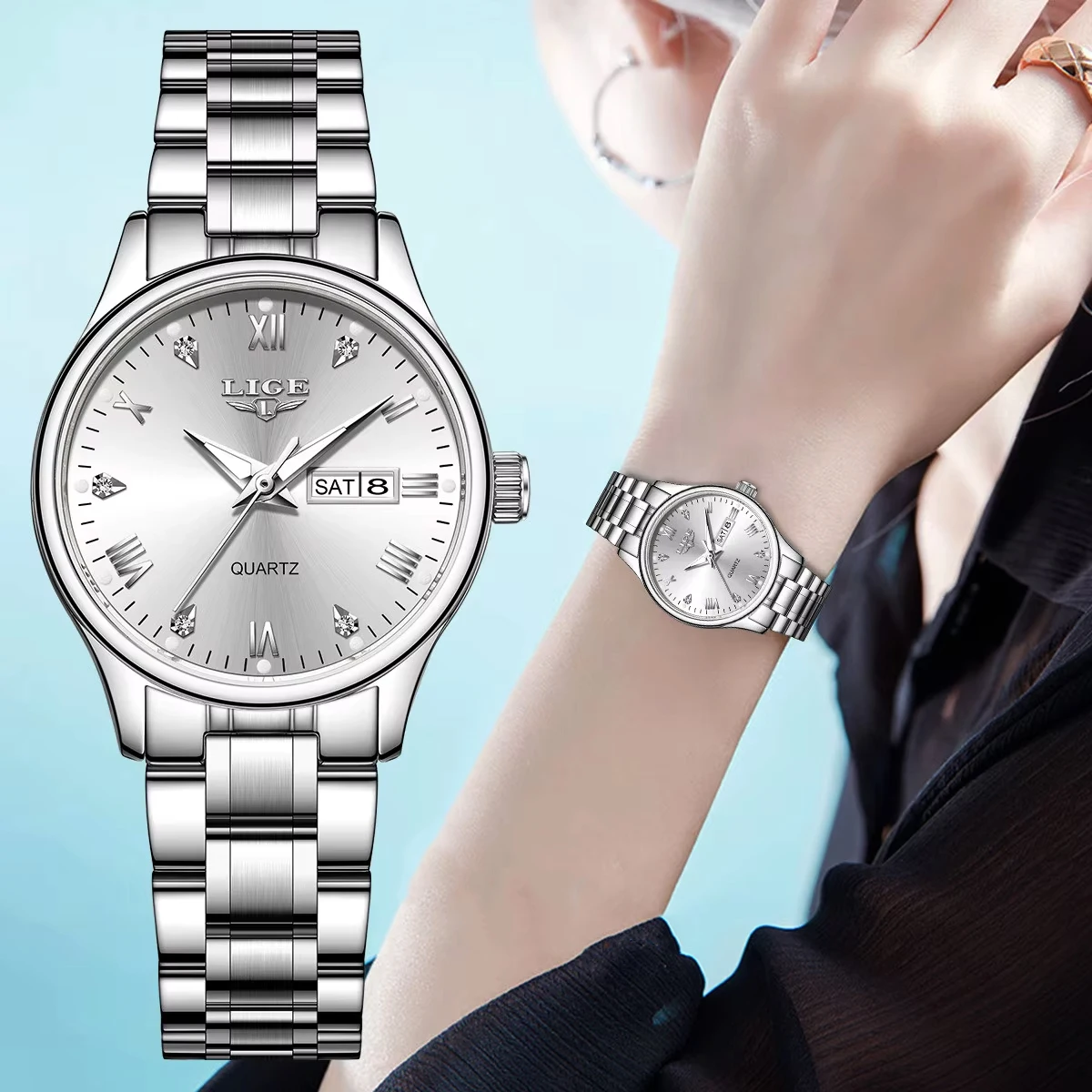 

LIGE Women's Luxury Watches for Ladies WristWatch Original Waterproof Stainless Steel Quartz Woman Relogio Diamond Dial Clock