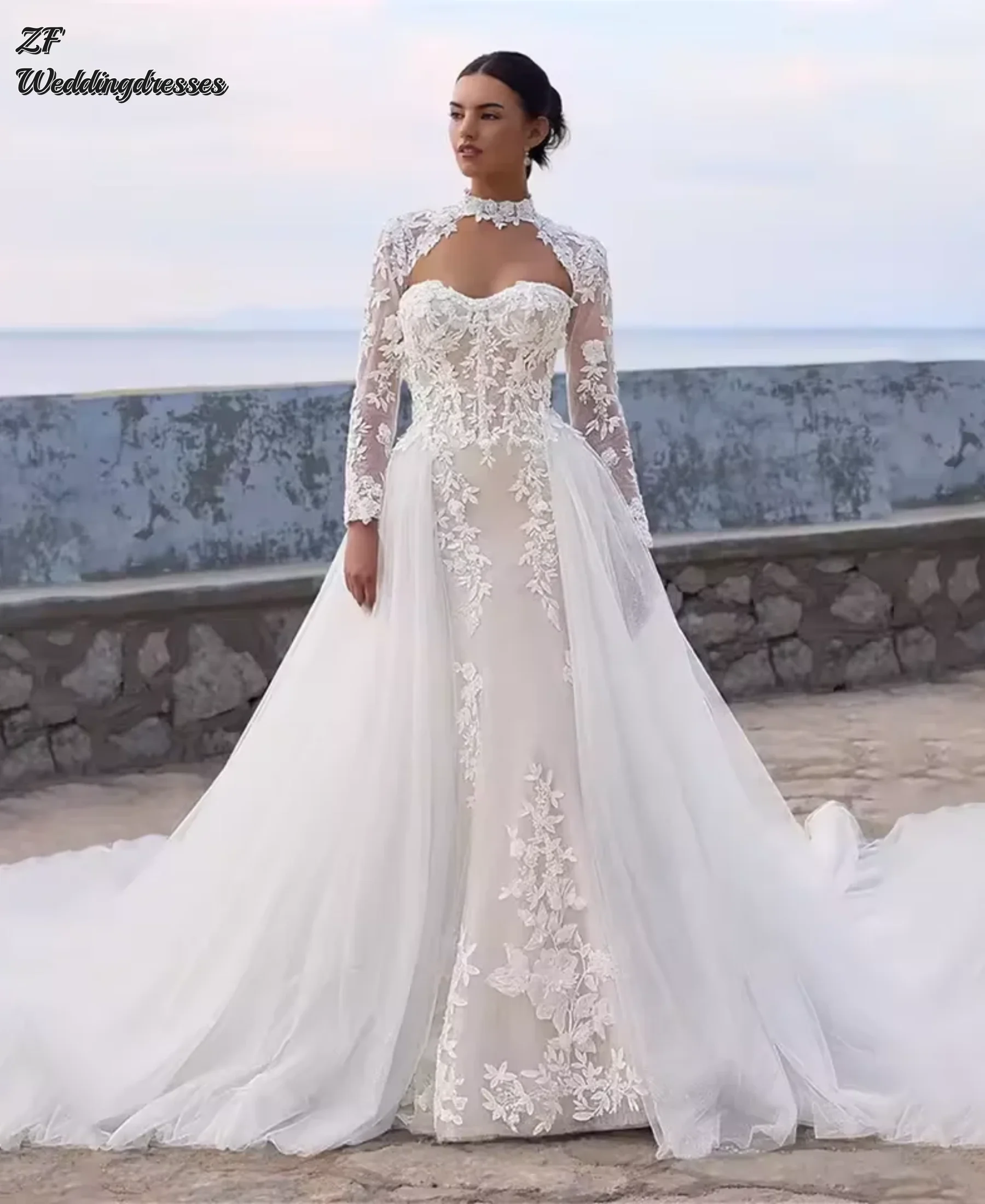 Customzied Charming Detachable Long Sleeves Sweethart Lace Applique Mermaid Wedding Dresses With Detachable Vestidos De Novia