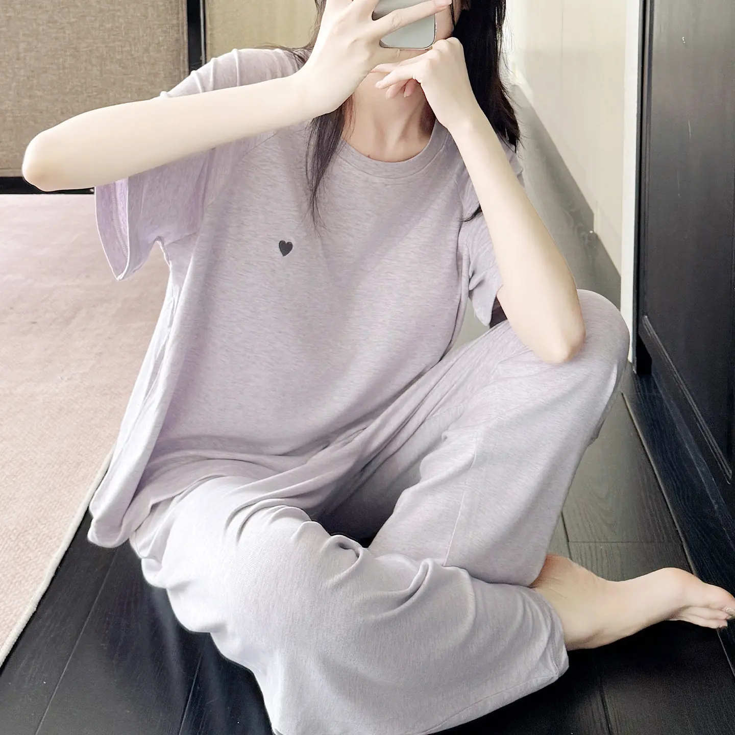 Women's Summer Sleepwear Overhead Style Cotton Padded Short Sleeve Long Pants Loose Fit Home Clothes Outdoor Wearable
