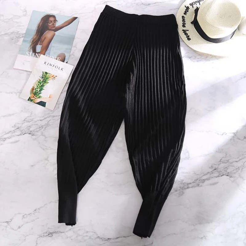 Women Casual Knitted Harem Pants Korean Fashion Stripe Autumn Winter Trousers Plus Size High Waist Stretch Ankle-Length Pants
