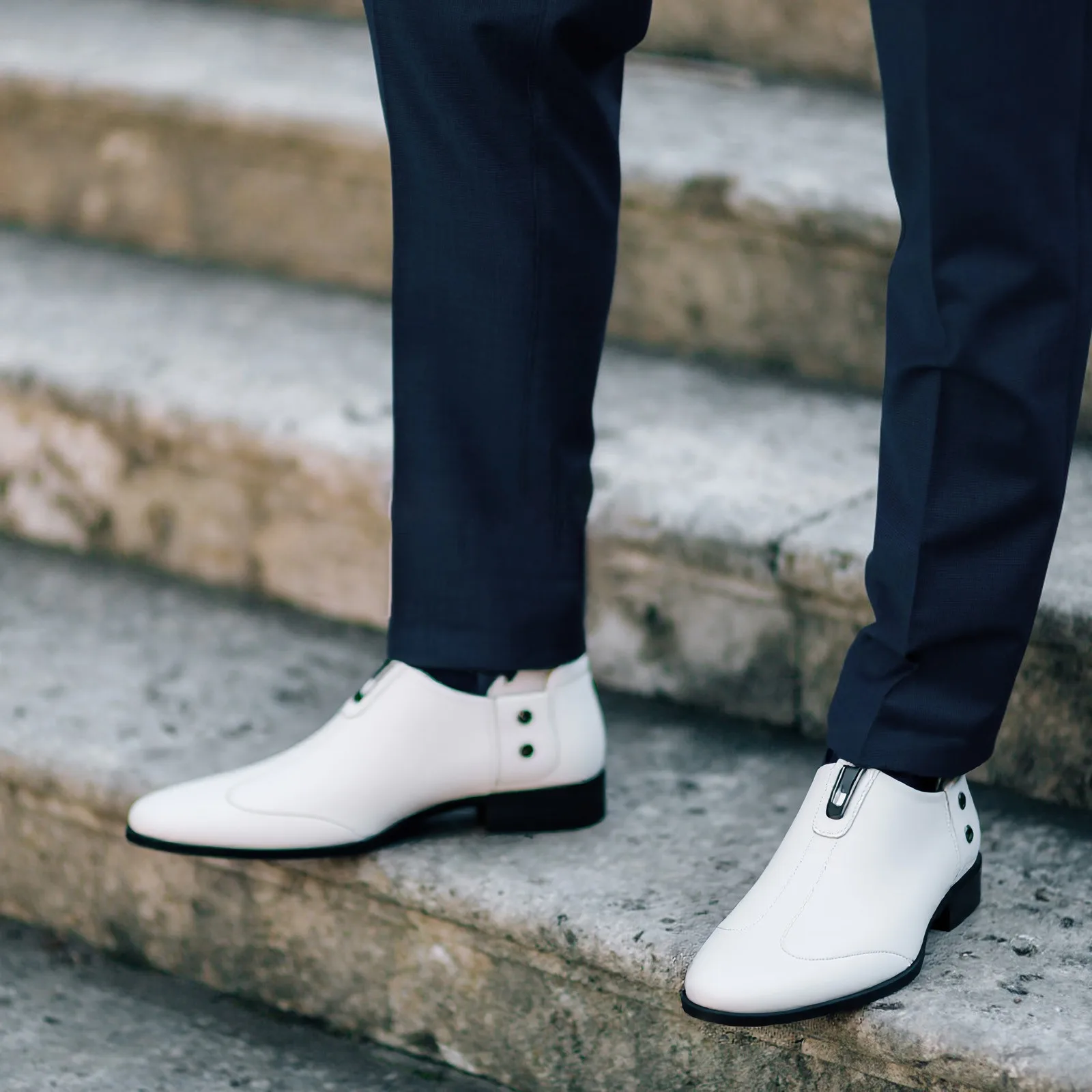 White Men'S Soft Leather Casual Loafers Comfortable Business Work Formal Spring Slip-On Metallic Dress Shoes Sole Polyurethane