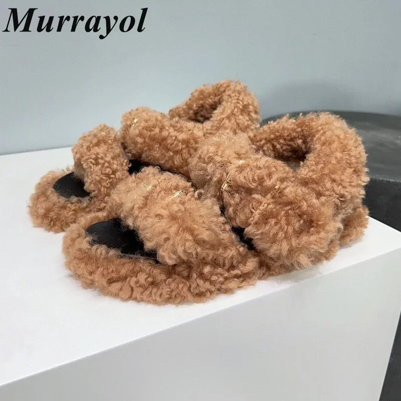 

Fur Back Strap Thick Bottom Sandals Women's Open Toe Lamb Wool Buckle Decor Flat Sandalias Autumn Winter Fashion Gladiator