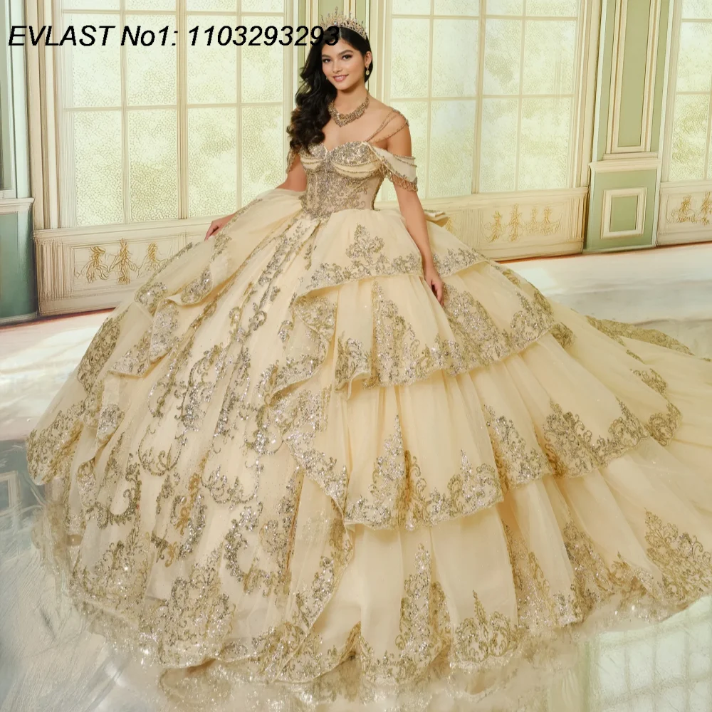 

EVLAST Customized Champagne Ball Gown Quinceanera Dress Gold Lace Applique Beading Ruffles Sweet 16 Vestidos De 15 Anos E1QN253